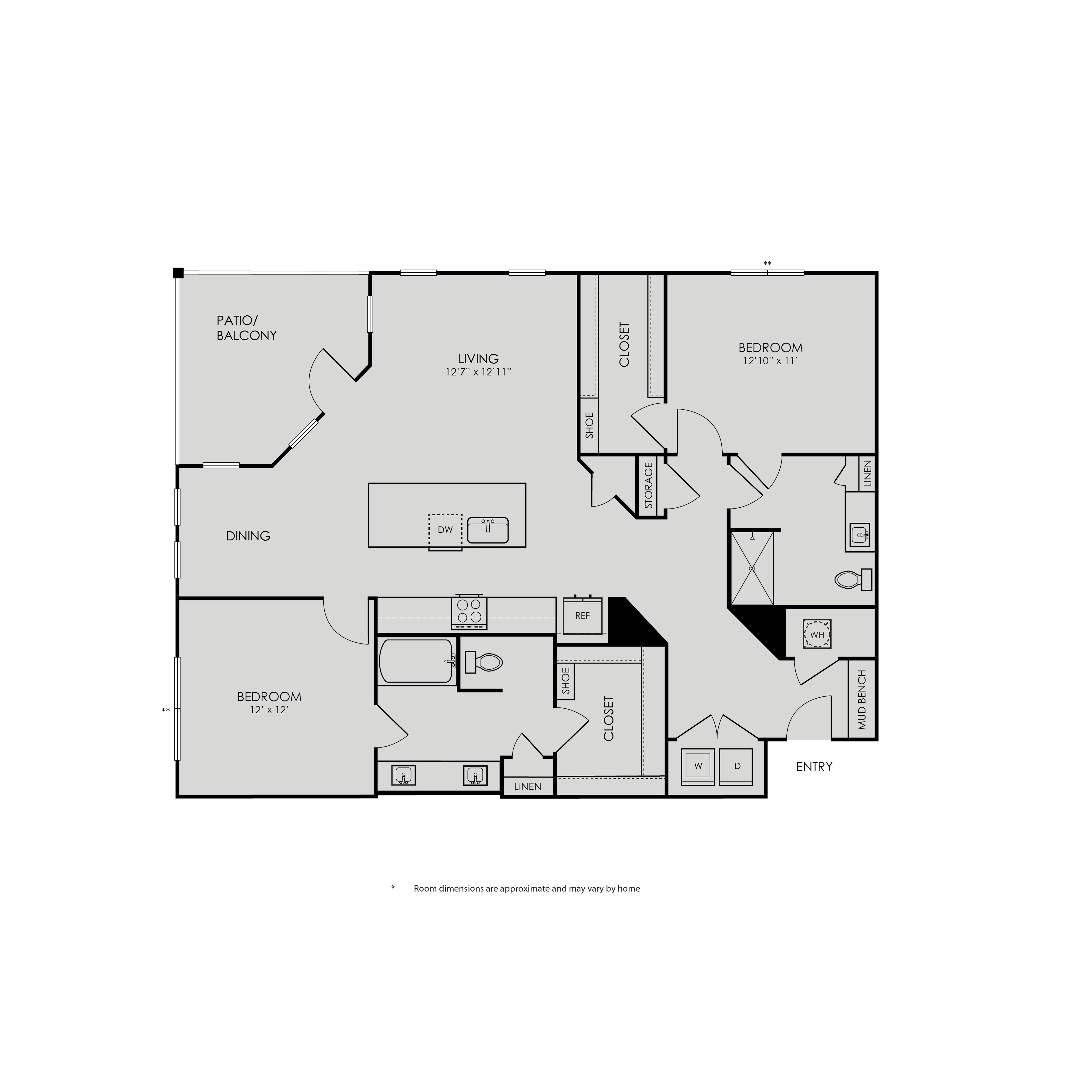 Floor plan for 2 beds, 2 baths, 1302 sqft